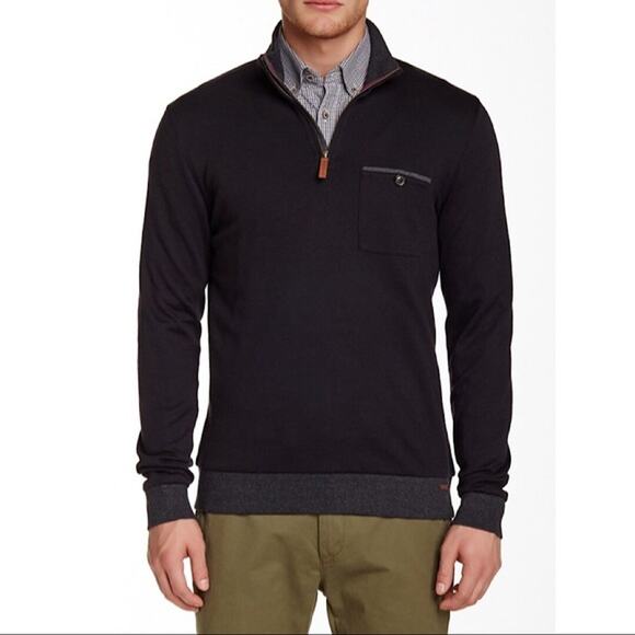 Ted Baker Mens 3 M Navy Blue Bevyhil Quarter Zip Pullover Sweater Cotton Leather - Picture 9 of 9